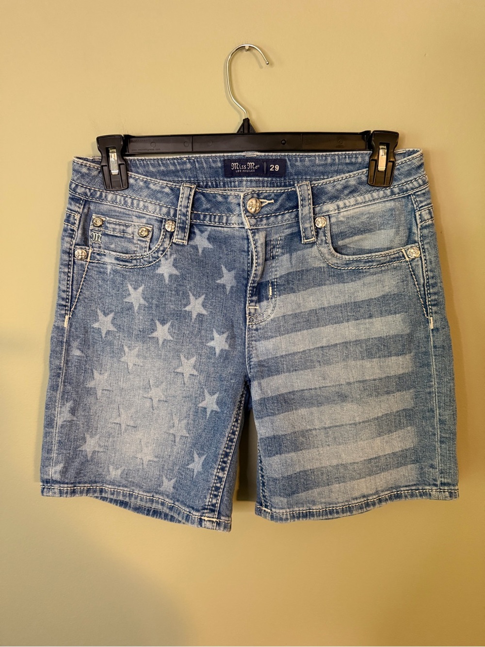 Gorgeous Miss Me Mid-Rise Patriotic Flag Print Denim Mid-Shorts With 7” Inseam